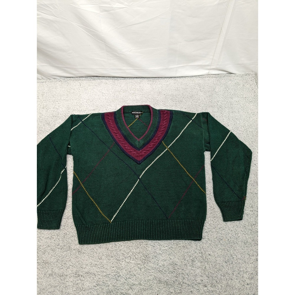 Vintage Bachrach V-Neck Sweater 80s 90s Y2K Ramie‎ Cotton Blend Argyle Large